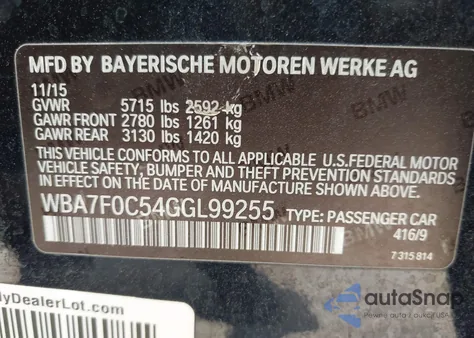 2016 BMW 750I from USA, damaged, VIN WBA7F0C54GGL99255